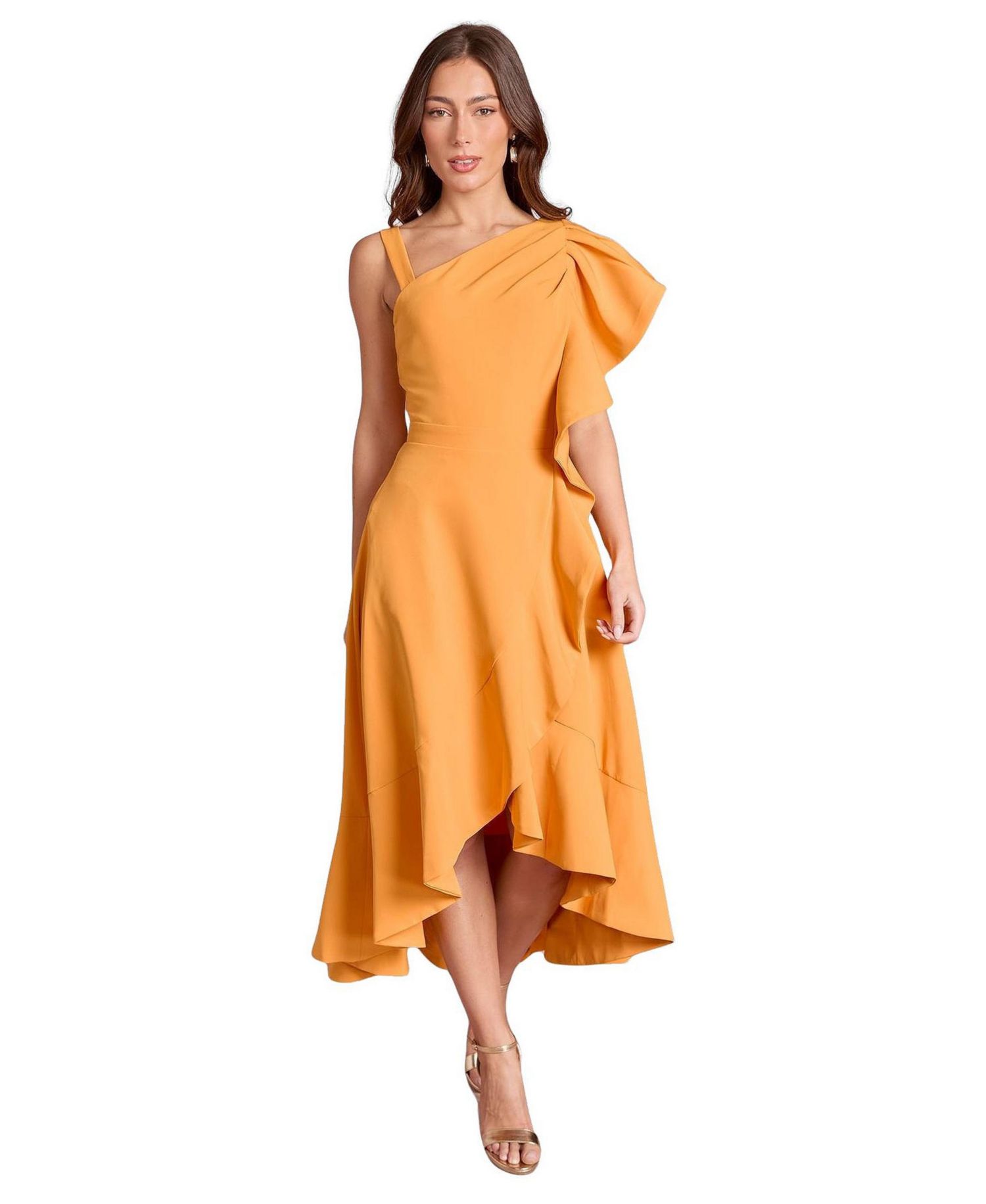 Women's One Shoulder Crepe Ruffle Midi Dress