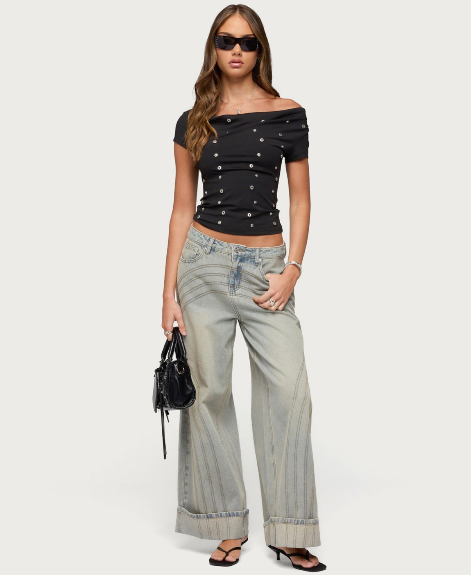 Womens Bijou Metal Snap Cowl Neck Top
