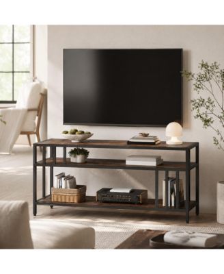 Spacious Rustic TV Stand Media Console with Three Open Shelves, Sturdy MDF and Iron Frame, Fits Larger Screens, Easy Assembly