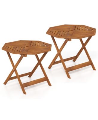 2 Piece  Solid Wood Patio Dining Table with Umbrella Hole Slatted Tabletop
