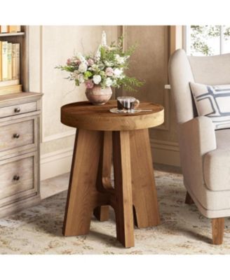 Solid Wood End Table, Farmhouse Round Side Table for Couch, Rustic Side Table with Heavy-Duty Legs, Small Bedside Table