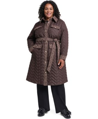 Plus Size Long Quilted Tweed-Trim Coat