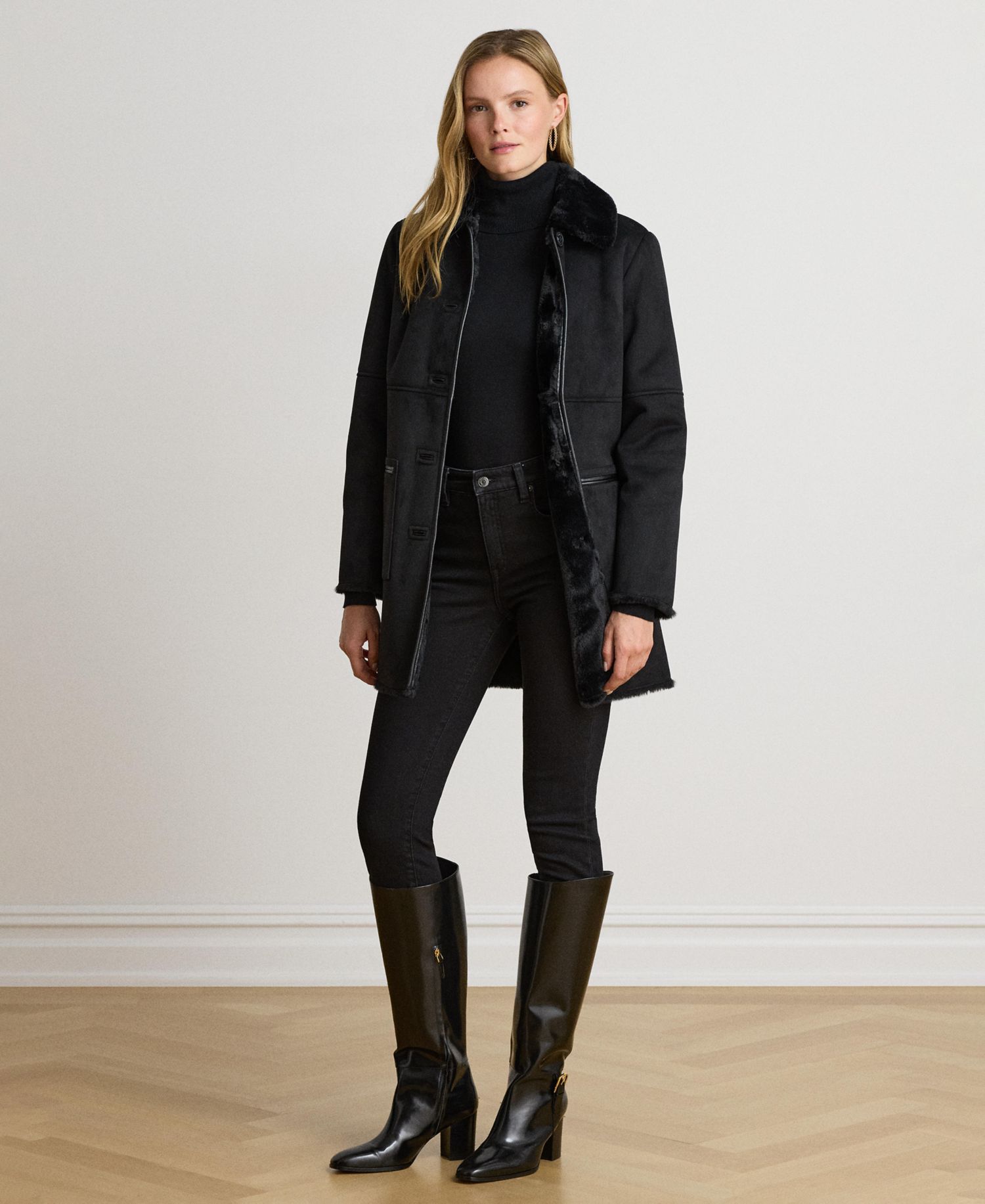 Women's Shearling Coat with Faux Fur Collar