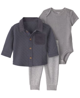 Baby Boys' Quilted French Terry  Layering Short-Sleeve Bodysuit, Shirt and Pants, 3-Piece Set 