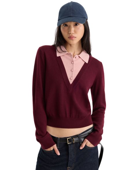 Женский свитер Good American Two-In-One Collared, цвет: Чёрный / Пудровый