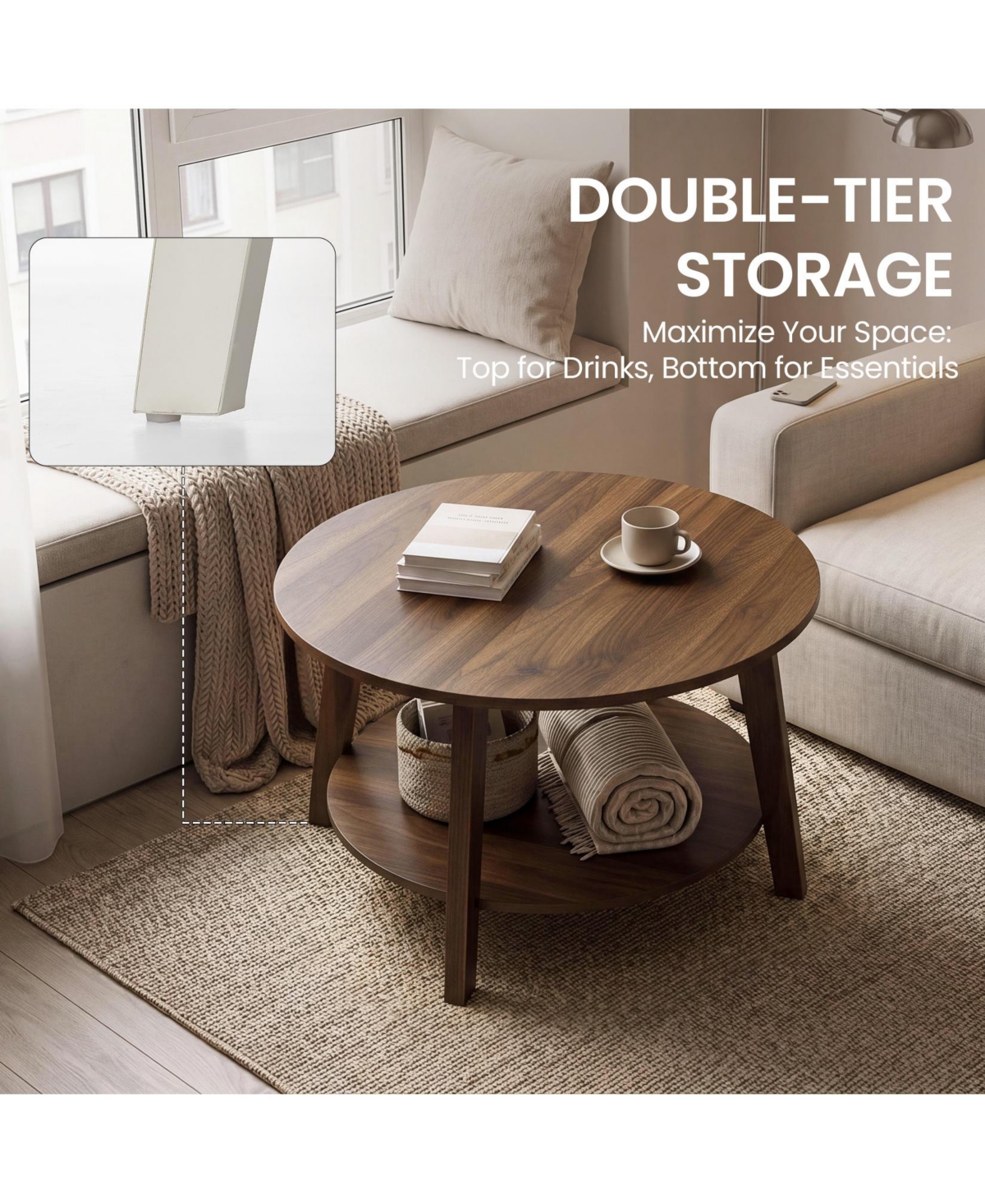 homfan Round Coffee Table with Storage, 2-Tier Modern Circle Accent Table, 31.5" x 17.7" Wooden Coffee Table with Curved Legs
