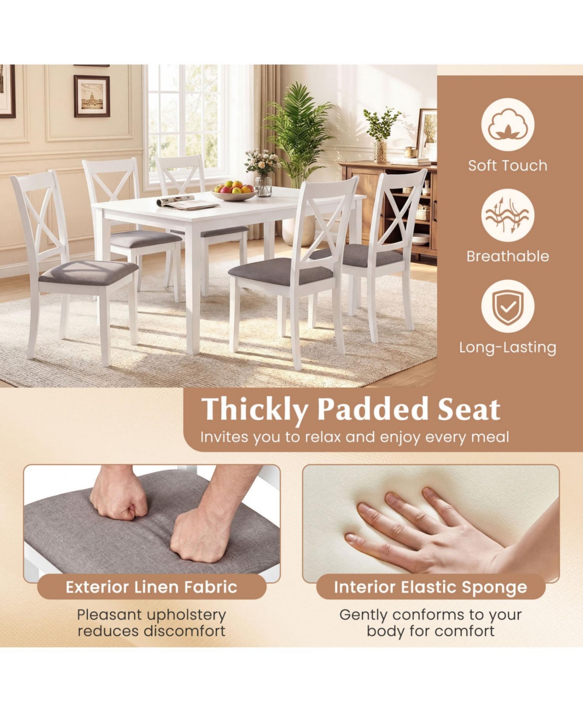 Slickblue Set of 2 Rubber Wood Dining Chairs with Padded Seat and Backrest