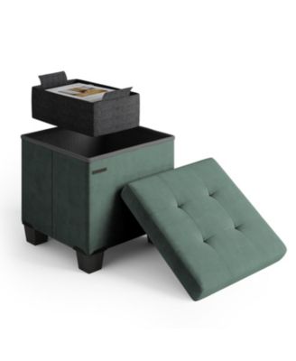 15-Inch Velvet Cube Storage Ottoman with Bin, Small Foot Stool and Seat for Living Room