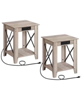 Set of 2 End Table with USB Charging Station and Storage Shelves for Bedroom