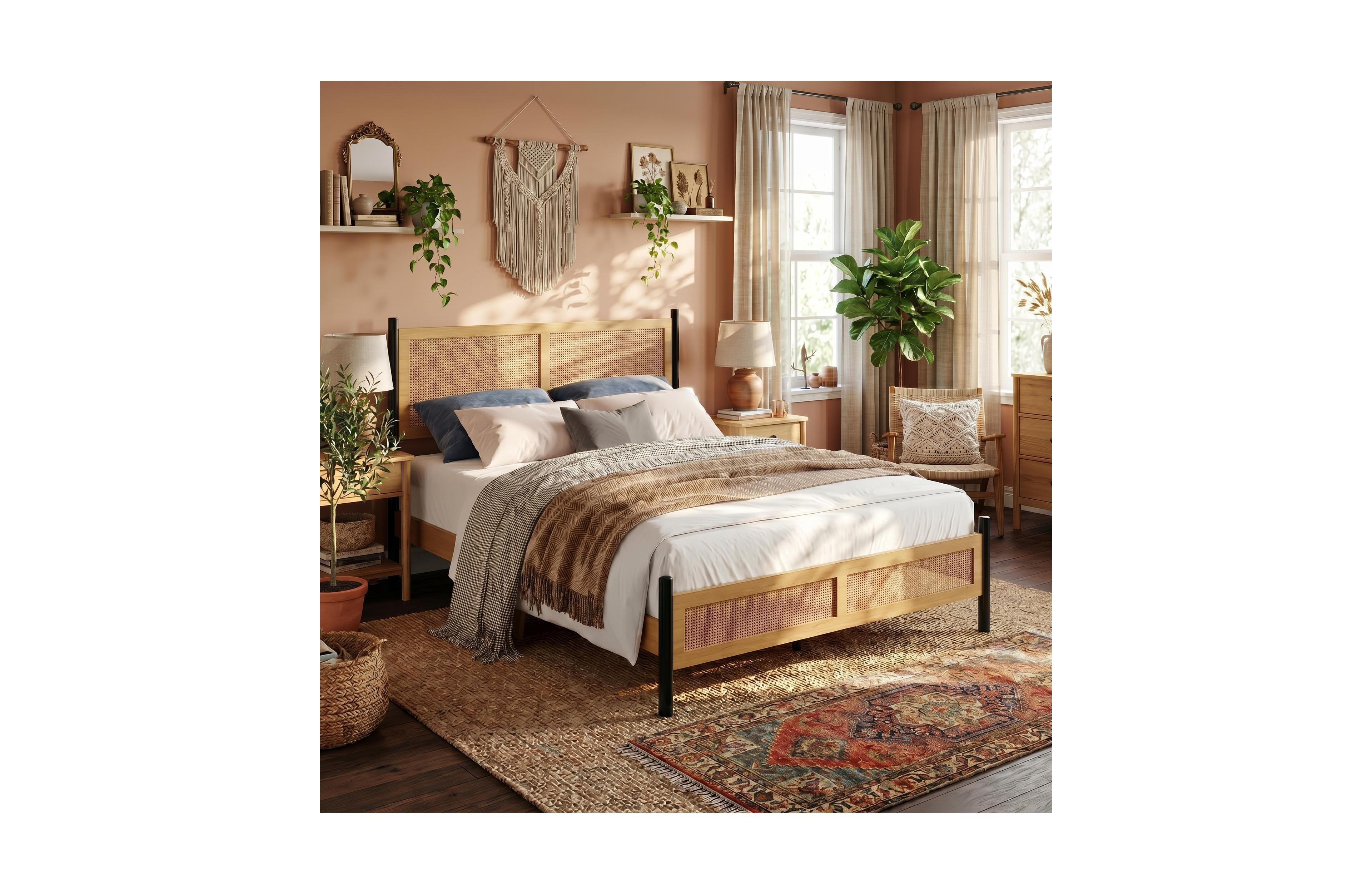 Rattan Platform Bed Frame, Wood Headboard with Black Metal Legs and Under Bed Storage for Bedroom