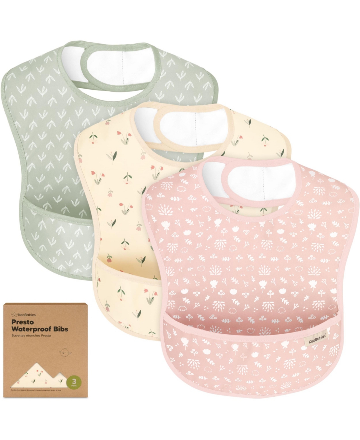 KeaBabies 3-Pack Waterproof Baby Bibs for Eating, Lightweight, Mess Proof Toddler Bibs with Food Catcher - Fleur