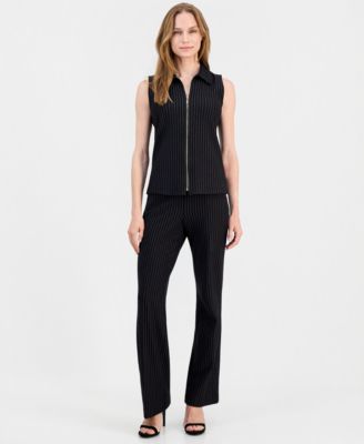 Women's Pinstriped Zip-Front Sleeveless Top & Mid Rise Pull-On Pants