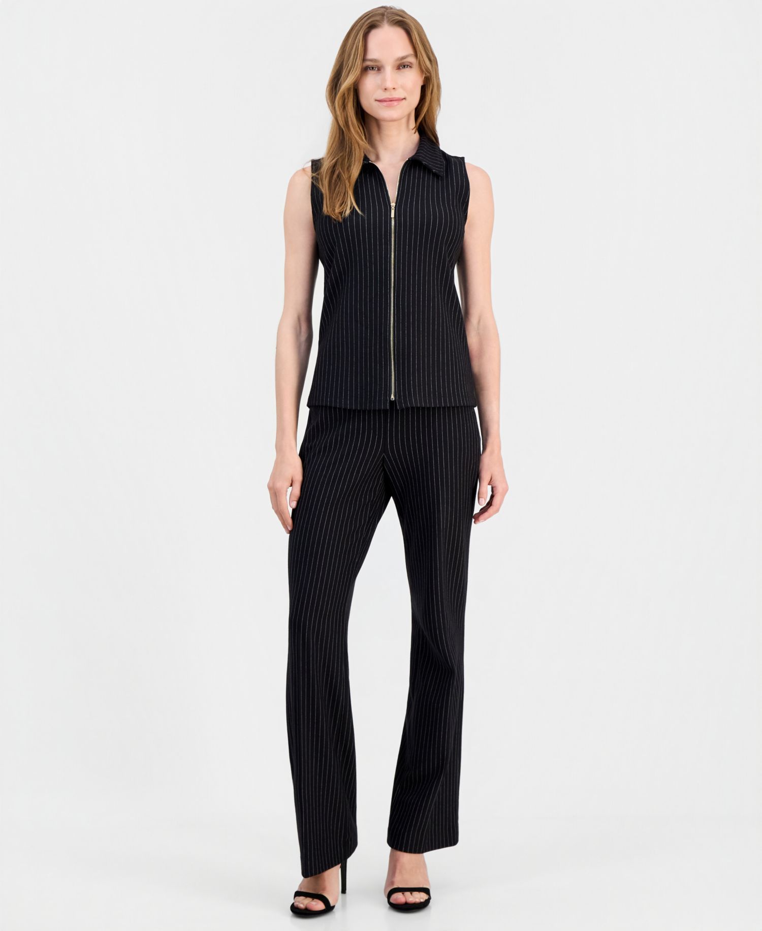 Women's Pinstriped Zip-Front Sleeveless Top & Mid Rise Pull-On Pants