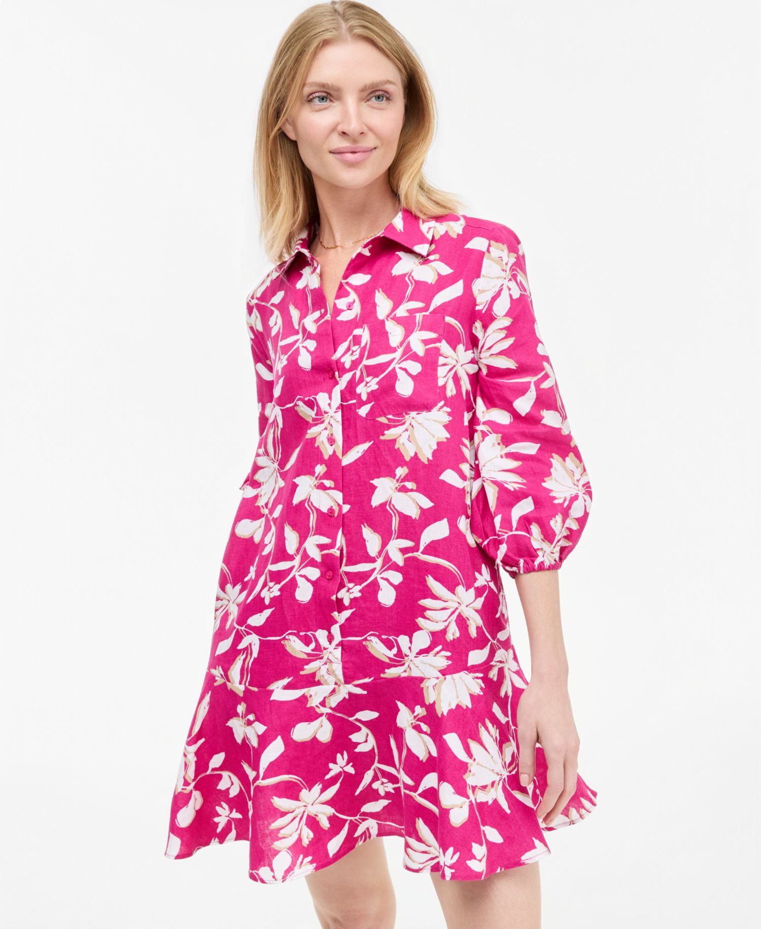 Plus Size 100% Linen Collared Flounce Dress