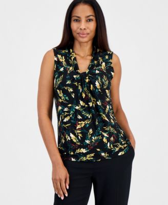 Women's Floral-Print Knot Neck Sleeveless Blouse