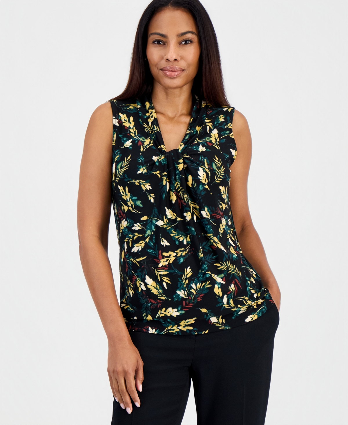 Kasper Women's Floral-Print Knot Neck Sleeveless Blouse - Evergreen Multi