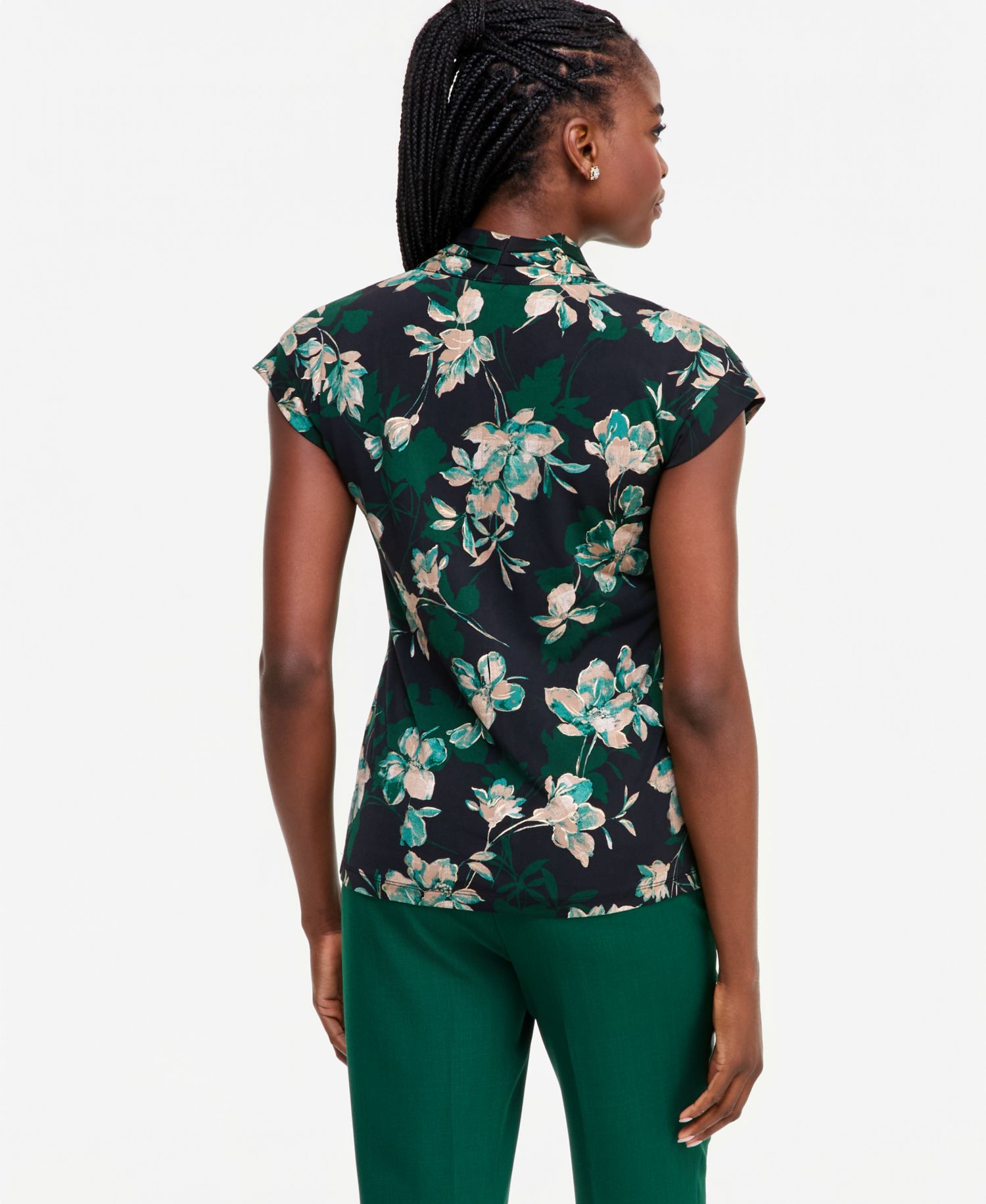 Women's Funnel-Neck Foil-Print Floral Cap-Sleeve Blouse