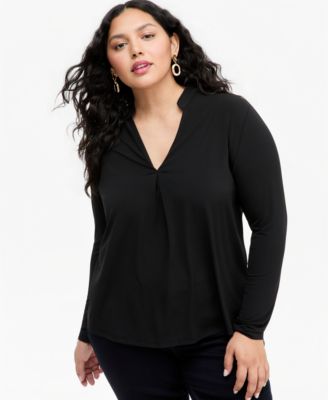 Plus Size Women's Split Band-Collar Long-Sleeve Knit Top