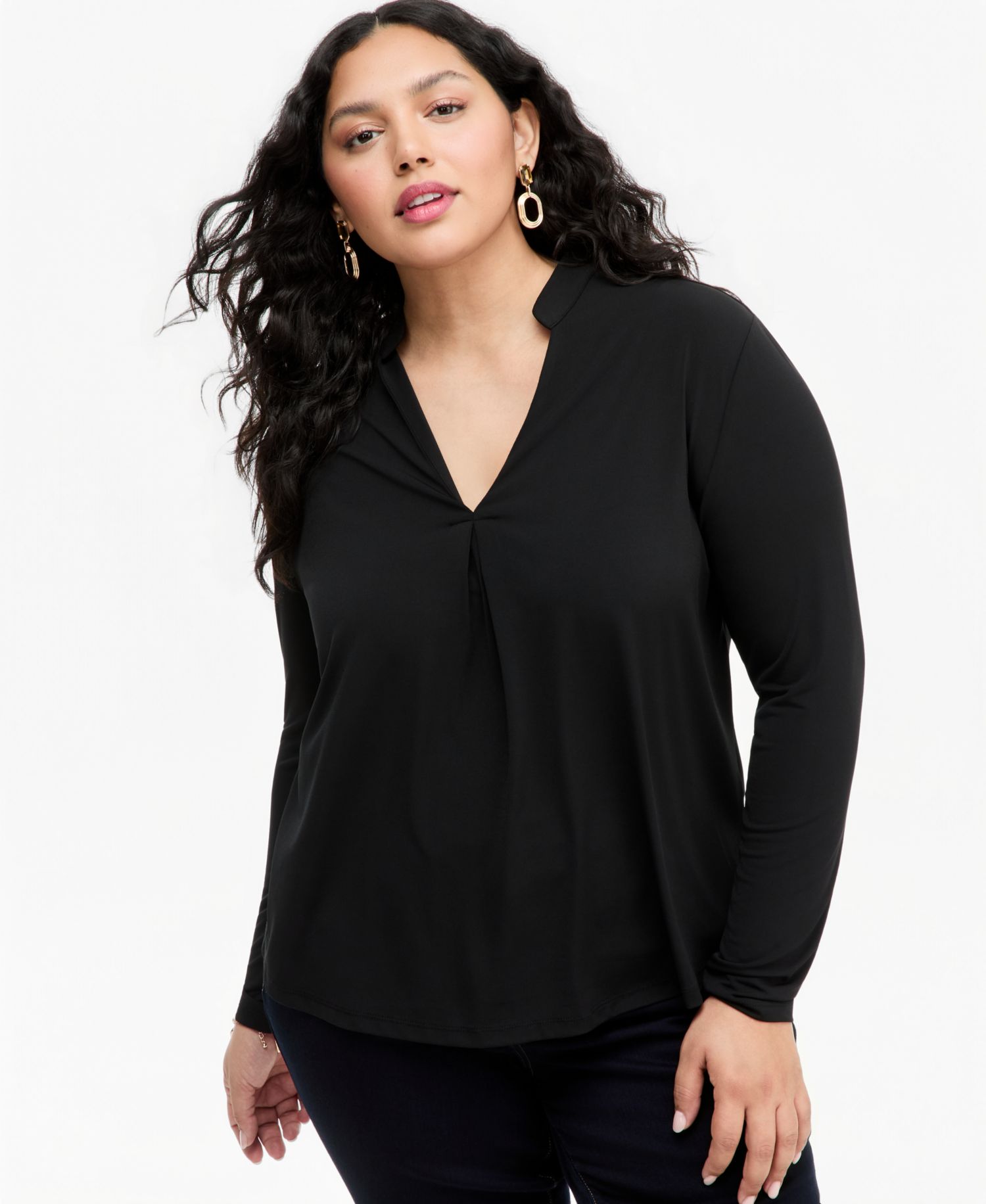 Plus Size Women's Split Band-Collar Long-Sleeve Knit Top