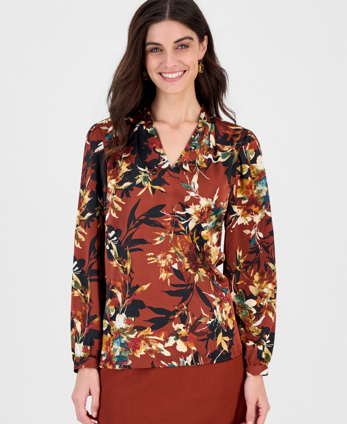 Kasper Women's Long Sleeve Printed Floral Satin V-Neck Blouse - Sepia Spice Multi
