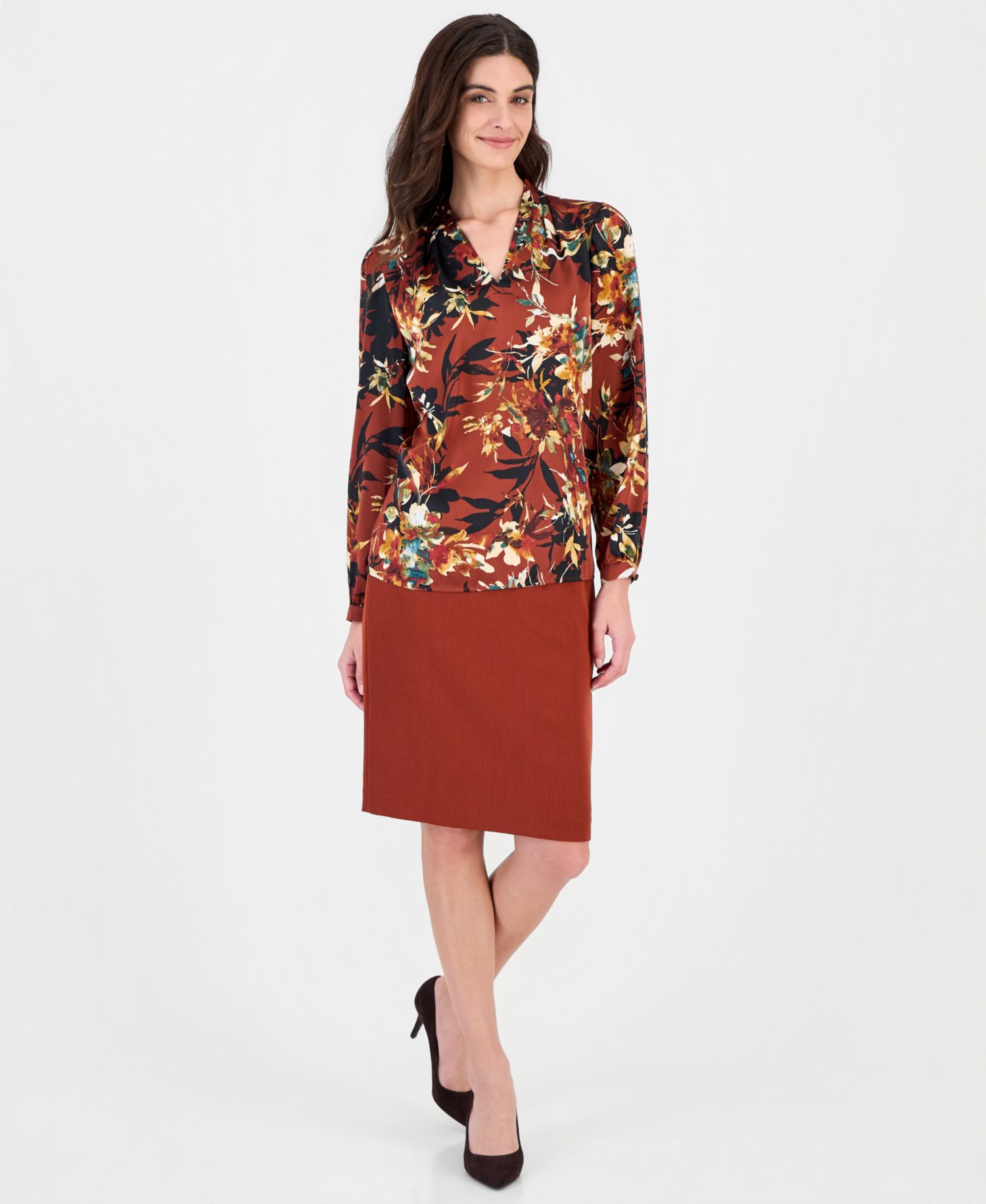 Women's Long-Sleeve Floral-Print V-Neck Blouse