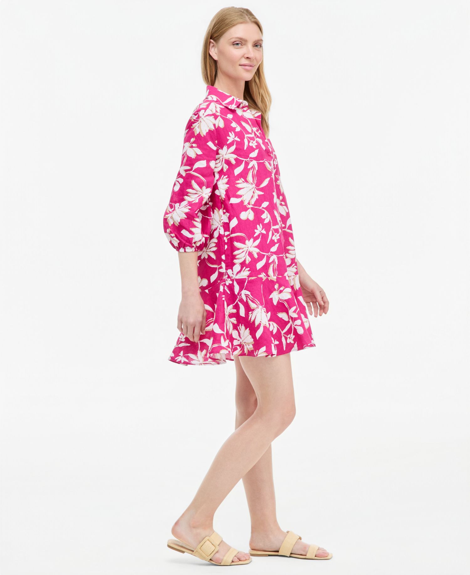 Plus Size 100% Linen Collared Flounce Dress