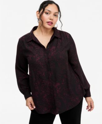 Plus Size Print Collared Long-Sleeve Tunic