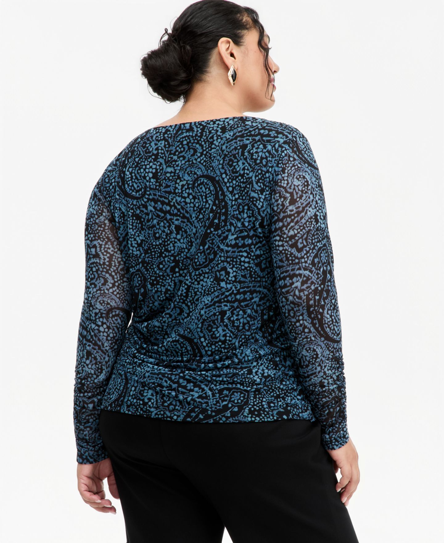Топ I.N.C. International Concepts Plus Size Ruched Long-Sleeve Paisley Top, цвет: Gail Paisley — фото 4