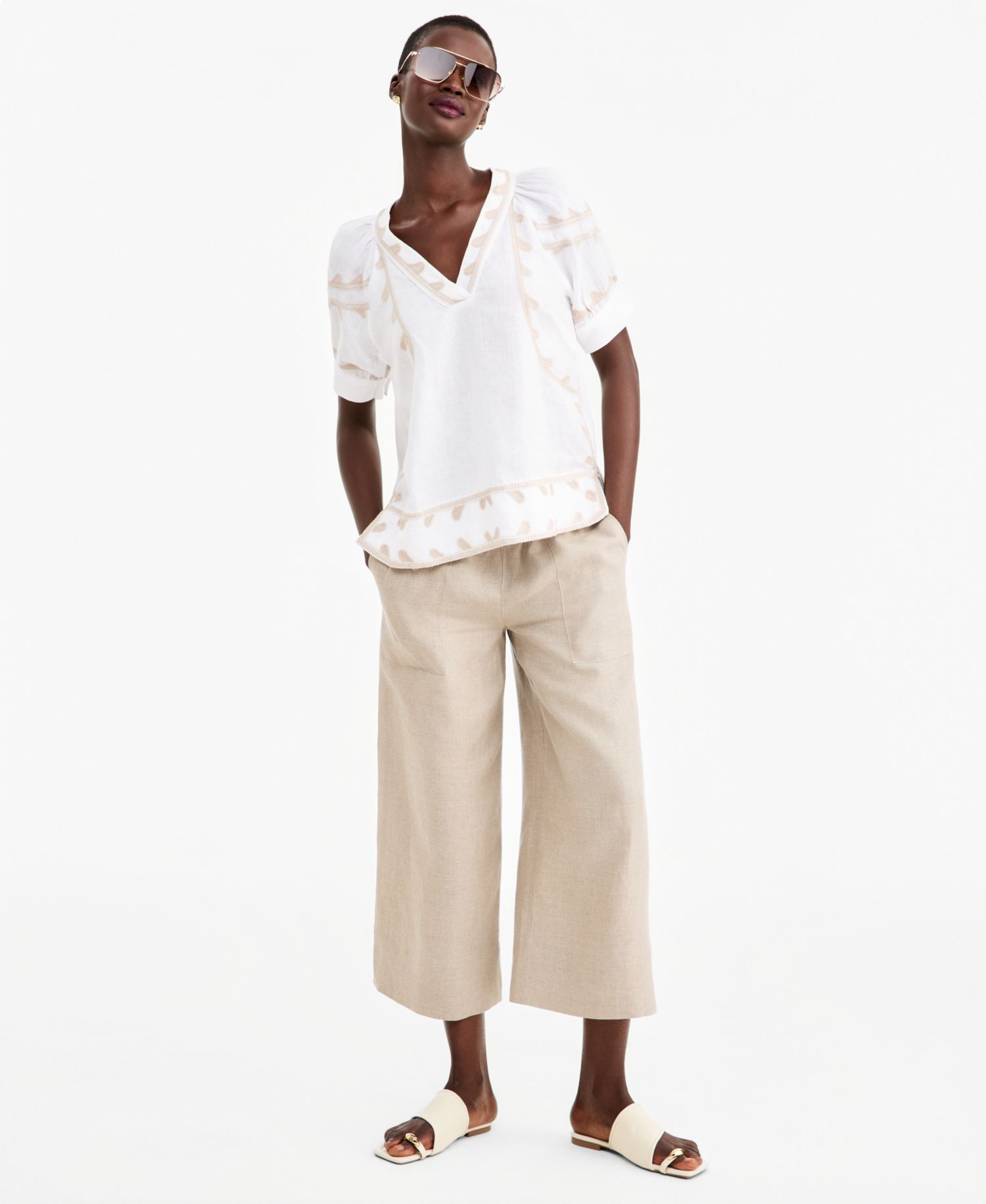 Women's Linen Puff-Sleeve Embroidered Blouse