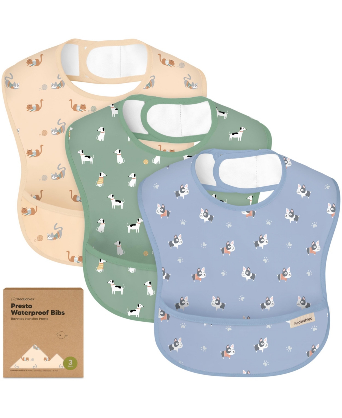 KeaBabies 3-Pack Waterproof Baby Bibs for Eating, Lightweight, Mess Proof Toddler Bibs with Food Catcher - Pets  paws