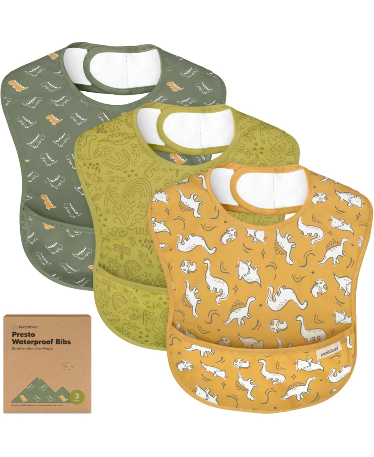 KeaBabies 3-Pack Waterproof Baby Bibs for Eating, Lightweight, Mess Proof Toddler Bibs with Food Catcher - Mesozoic
