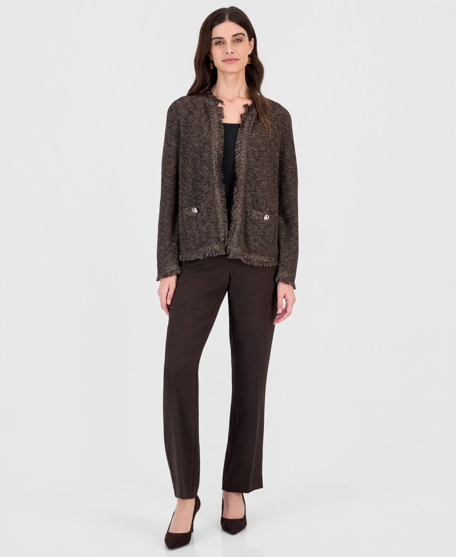 Petite Fringe Kissing Front Metallic Fitted Cardigan