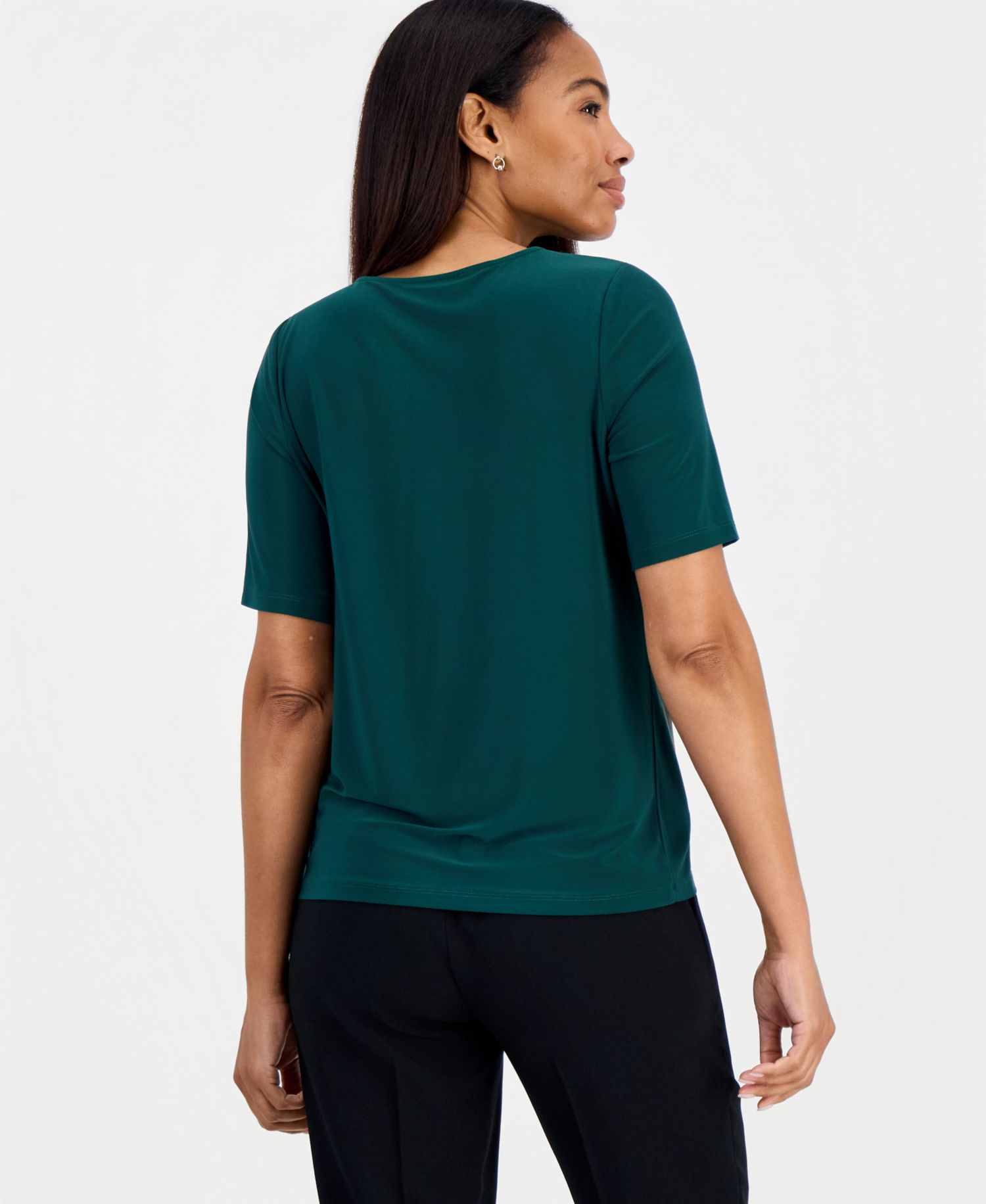 Women's Box-Pleat Neck Elbow-Sleeve Blouse