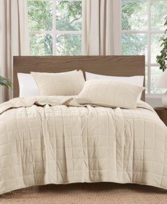 Matte Cotton Velvet Box Stitch 3-Piece Quilt Set, Full/Queen