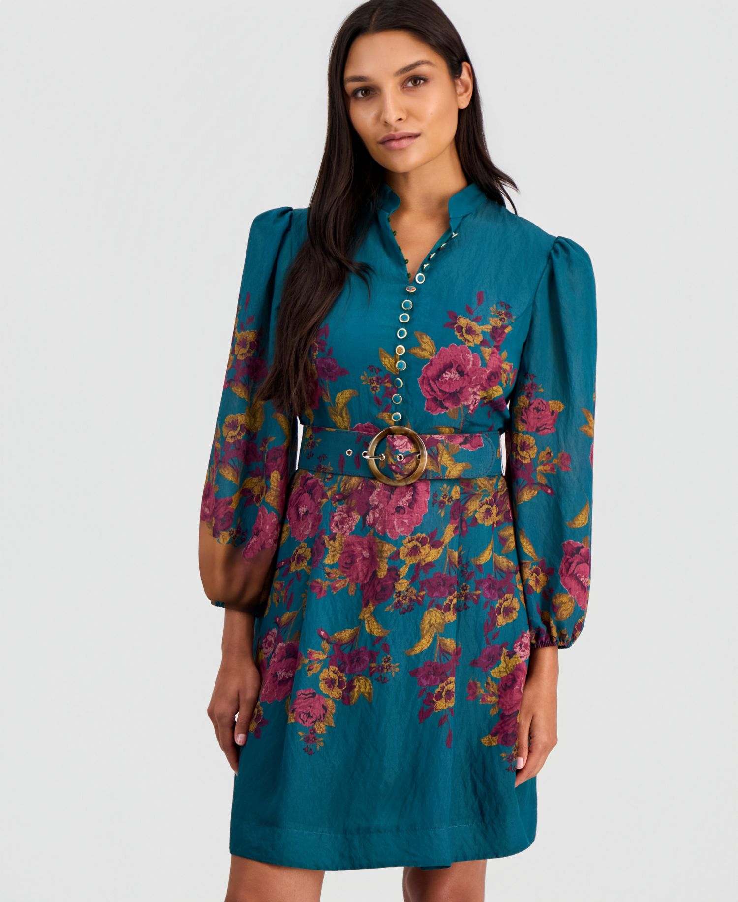 Women's Floral-Print Belted Fit & Flare Dress