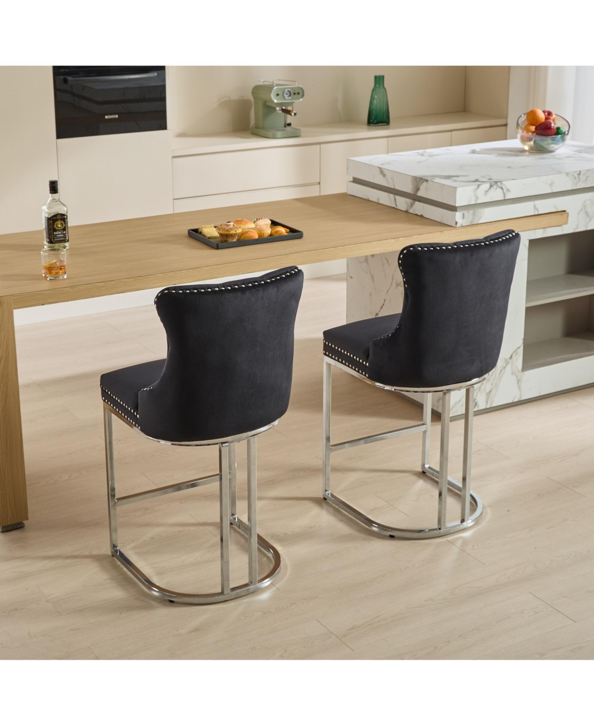 Clihome 25" Counter Height Bar Stools Set of 2, Modern Velvet Barstools with Button BackandRivet Trim Upholstered Kitchen Island Chairs