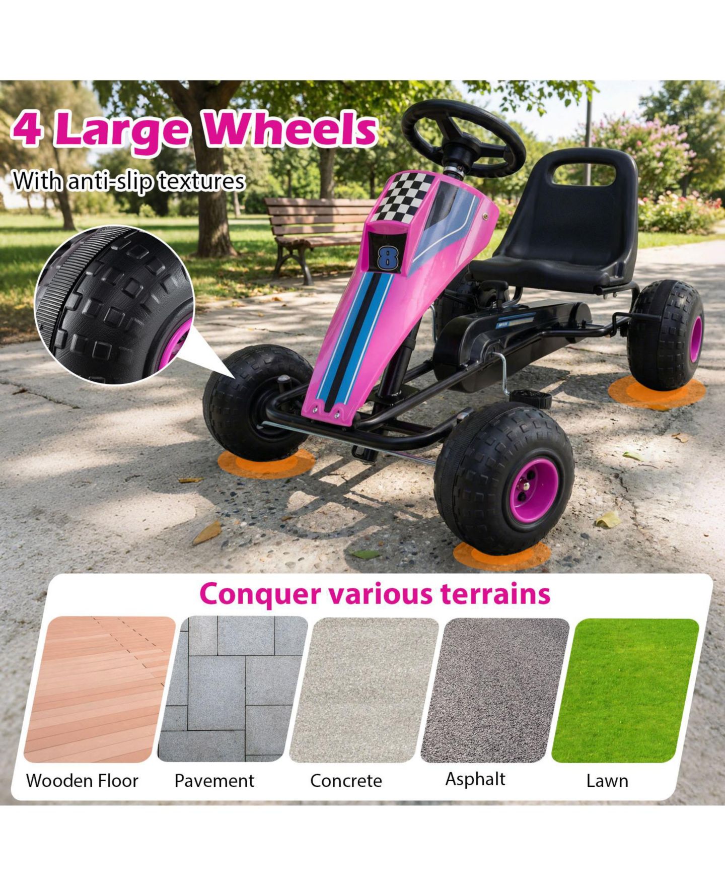 Детская игрушка Gymax 4-Wheel Pedal Go Kart with Steering Wheel, от 3 лет, цвет: Розовый — фото 7