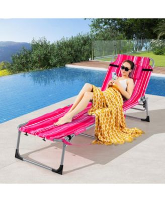 Outdoor Folding Chaise 5-Position Lounge Chair with Face Hole and Adjustable Footrest