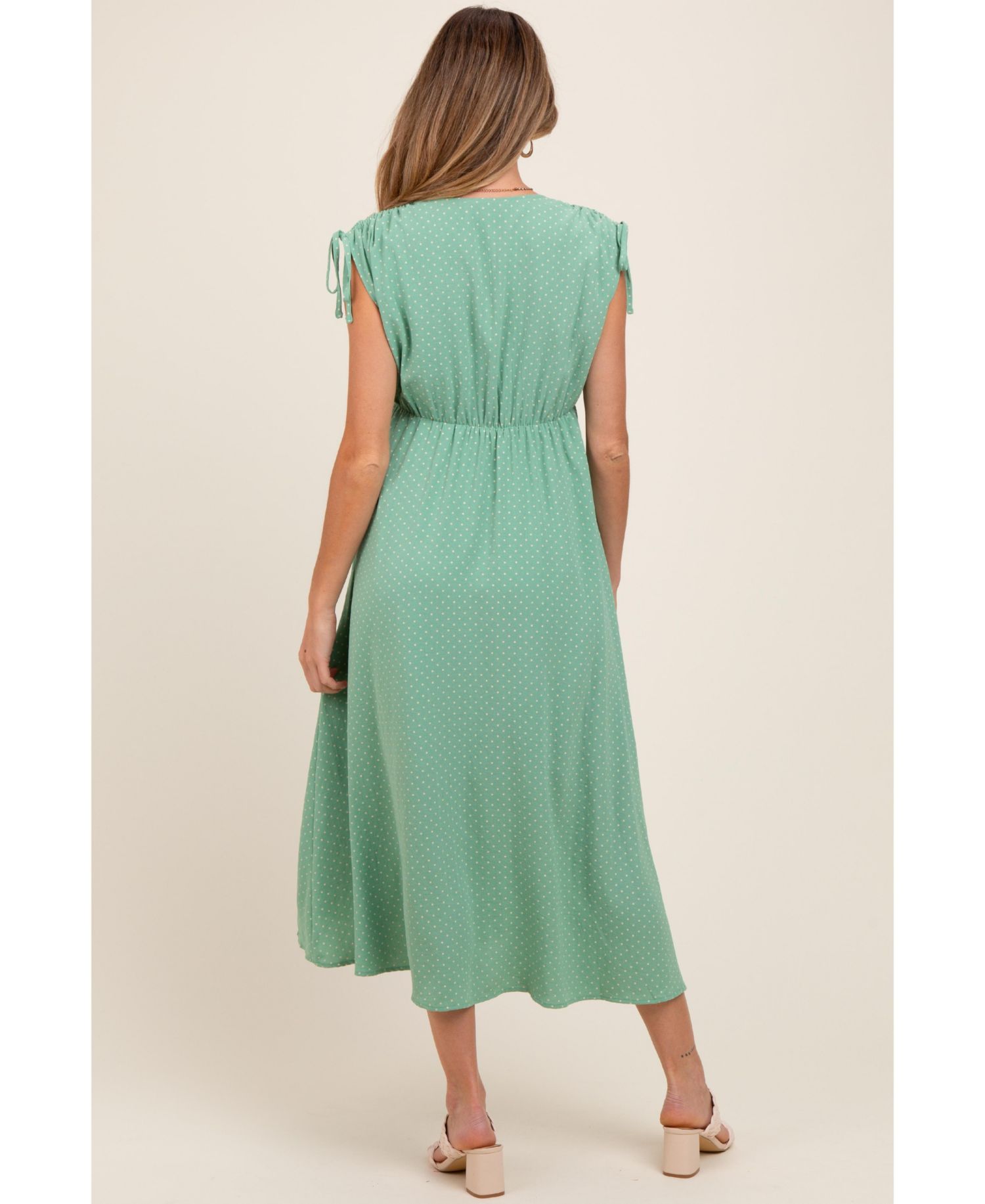Women's Green Button-Down Polka Dot Shirred Bow Midi Dress