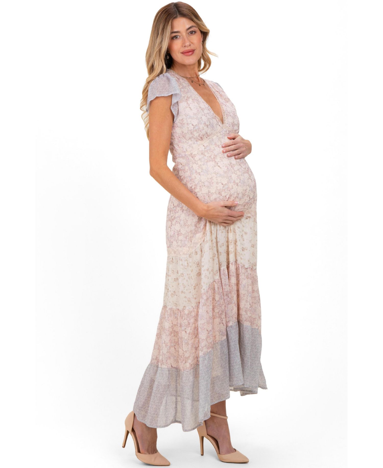 Women's Multicolor Floral Colorblock Tiered Maxi Dress