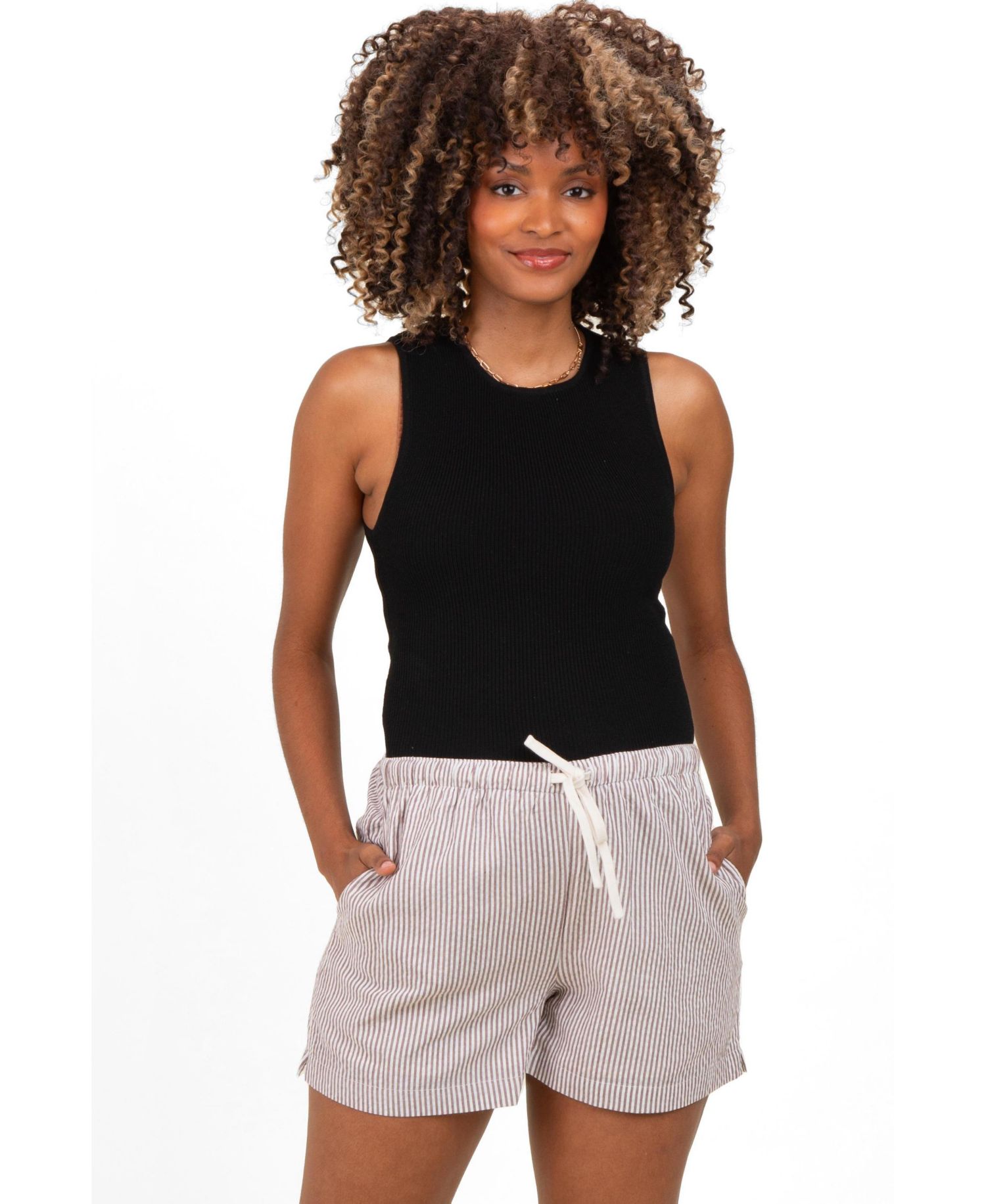 Women's Brown Striped Drawstring Shorts