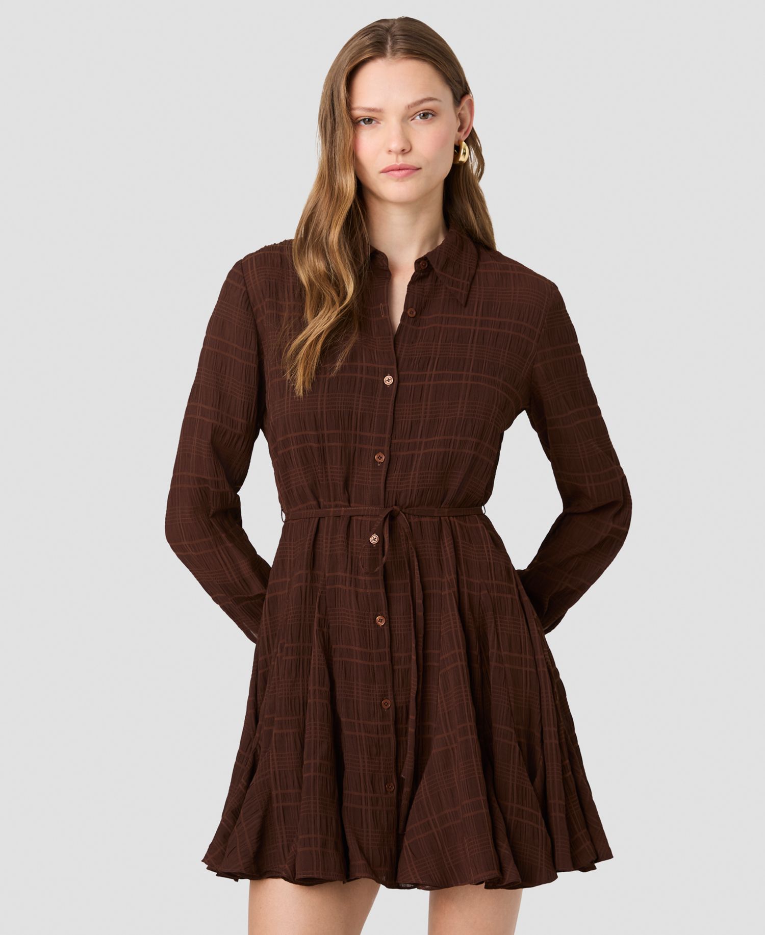 Women's Collared Long-Sleeve Tie-Waist Mini Dress