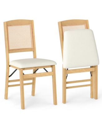 Folding Dining Chairs Set of 2 with Linen Padded Seat and Rattan Backrest for Kitchen