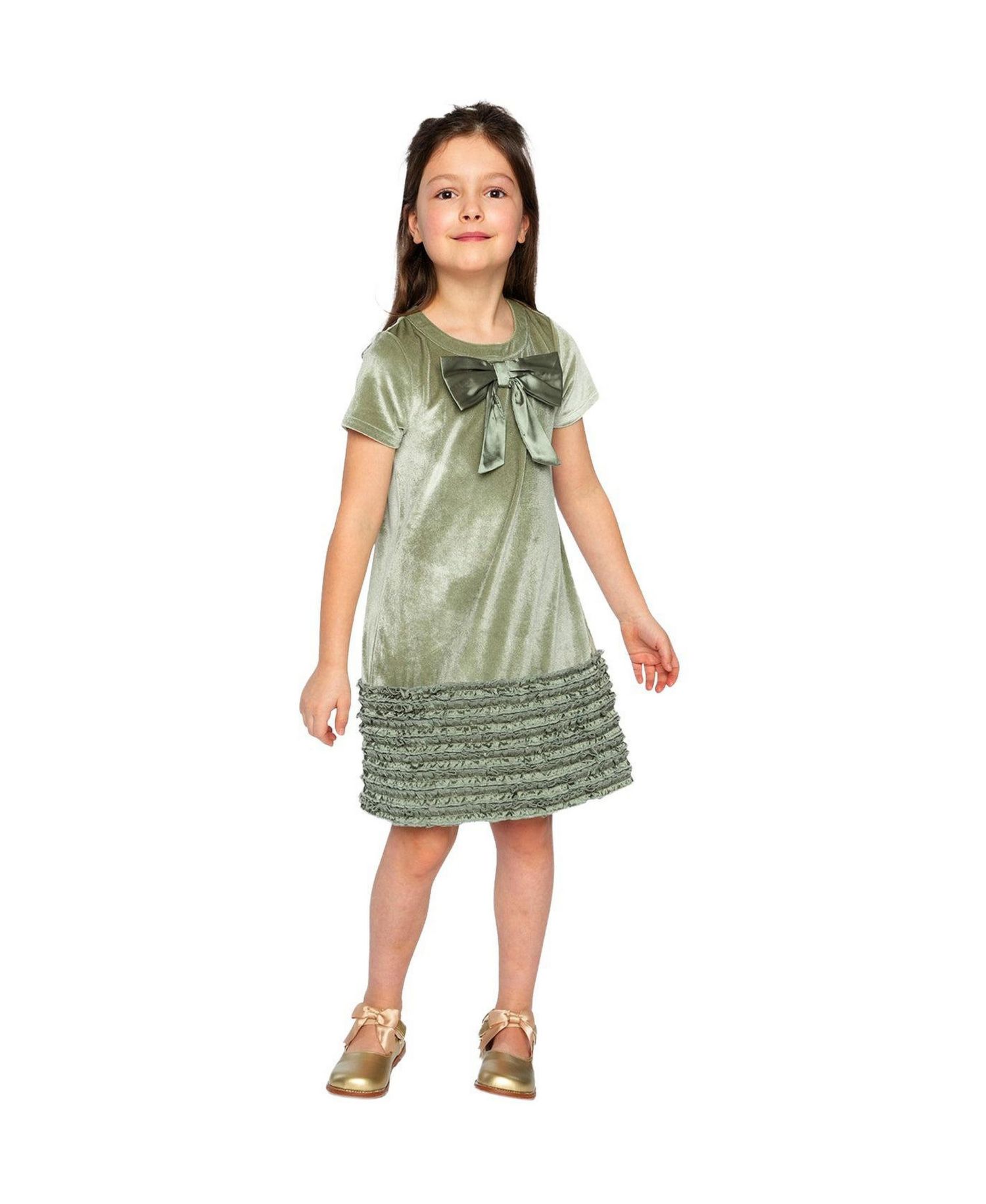 Girls (6-14) Short Sleeve A-Line Dress with Bow