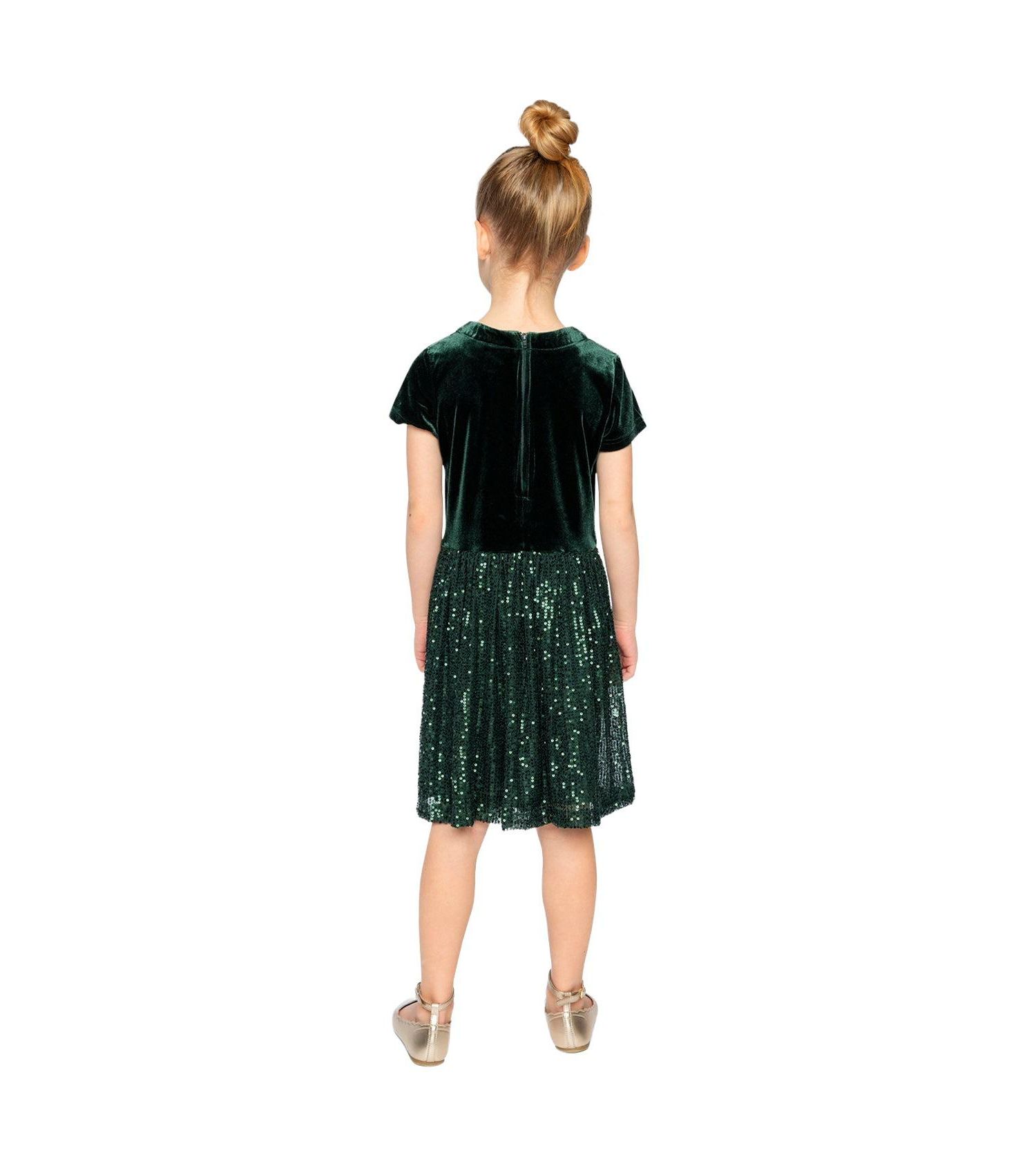 Girls (6-14) Bi-Material Short Sleeve Dress with Glittering Skirt