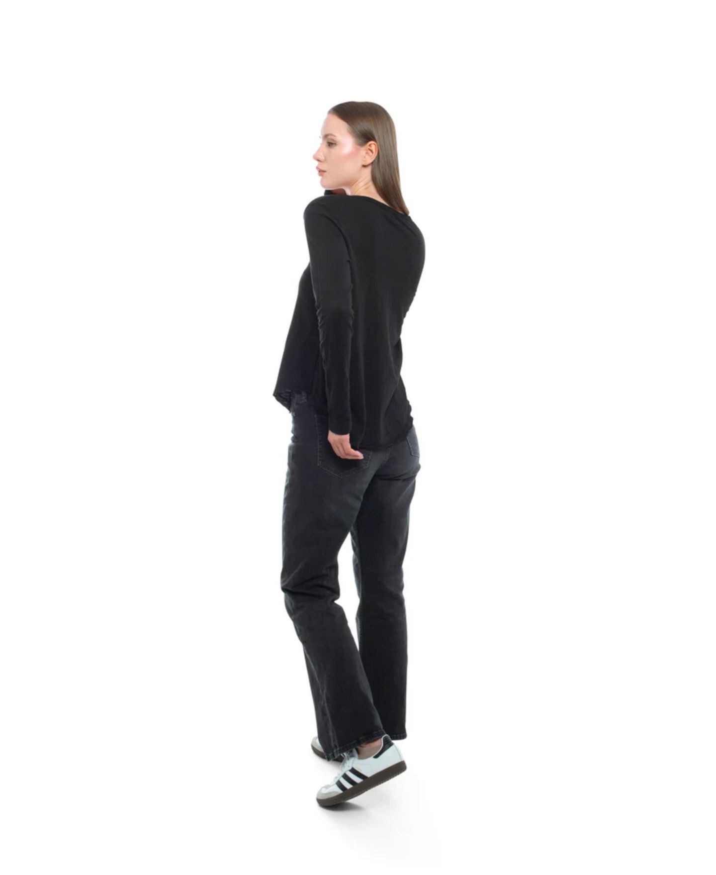 Женская футболка WILT Long Sleeve V-Neck Raw Hem Shirttail, цвет: Чёрный — фото 6