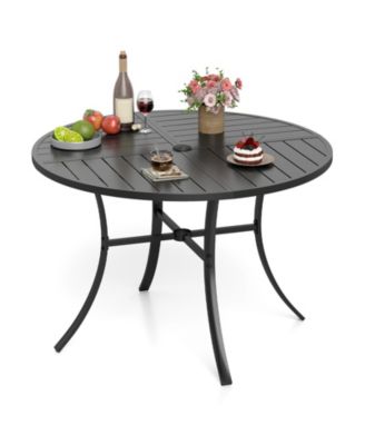 Patio Dining Table 42.5'' Round Metal Slat Table with Umbrella Hole Outdoor