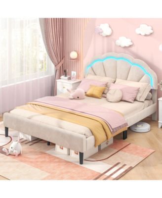 Upholstered LED Bed Frame Soft Velvet Platform Bed with Flower Headboard