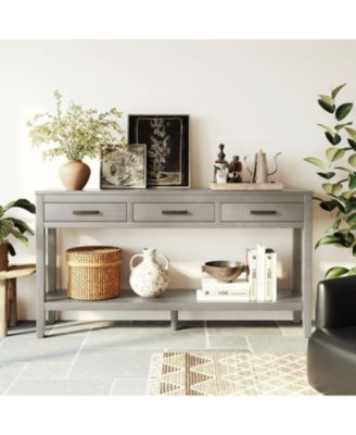 59" Farmhouse Entryway Table, with 3 Storage Drawers, Bottom Shelf and Iron Handles, for Living Room, Hallway, Kitchen, Bedroom