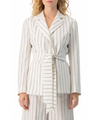 Women's Pinstripe Self-Tie Belted Wrap Tailored Blazer